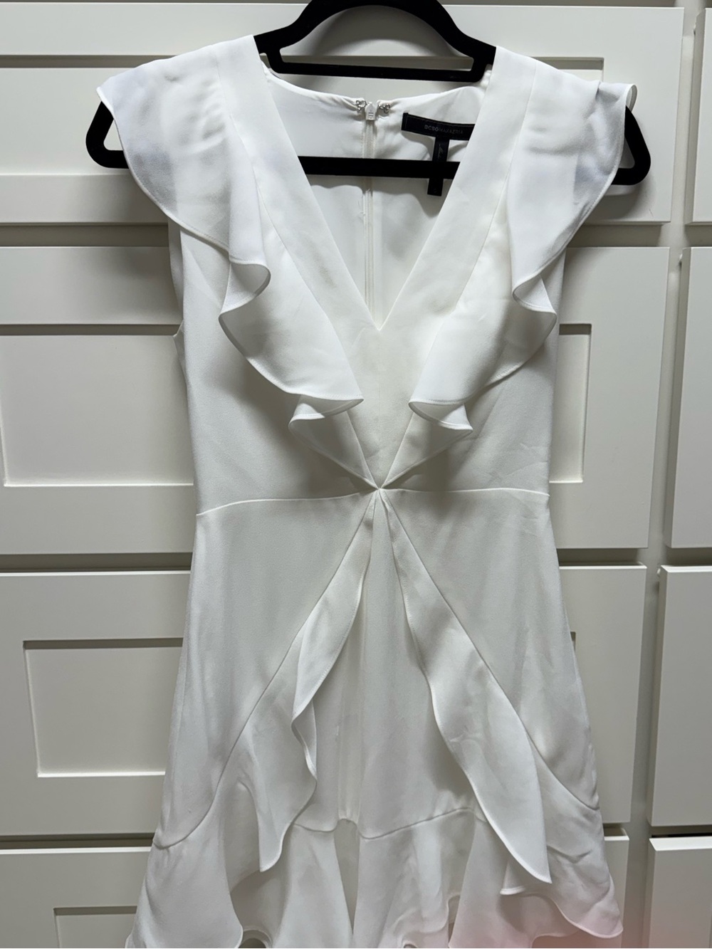 BCBGMaxAzria White Ruffle V-Neck Mini Dress